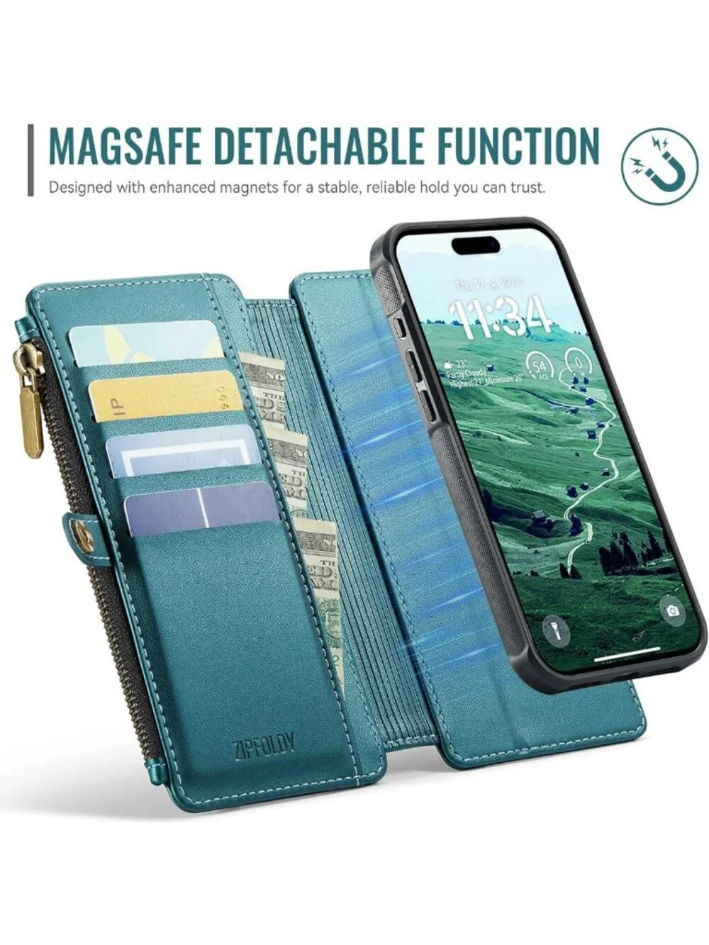Turquoise Magnetic Detachable Wallet Phone Case for iPhone 14 Pro - Stylish